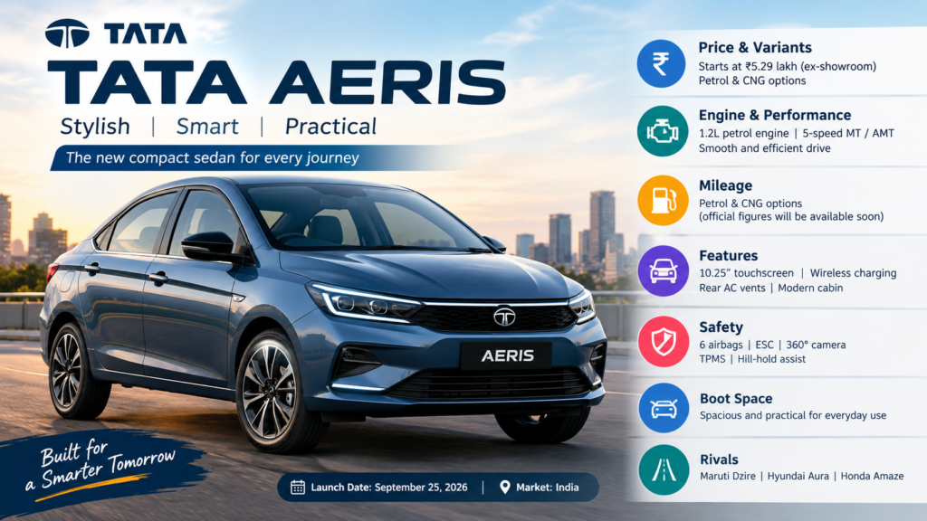 Tata Aeris 2026 Launched Price, Features, Engine and Mileage